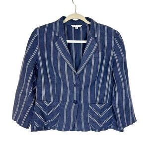 Cabi Blazer Linen Size 10 Blue White Nautical Striped Anchor Button Jacket Women